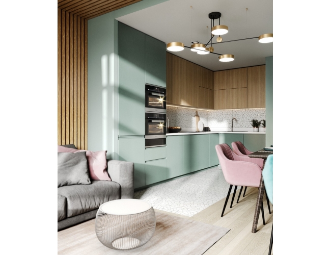 Кухня до потолка в современном стиле фисташковый и дерево.