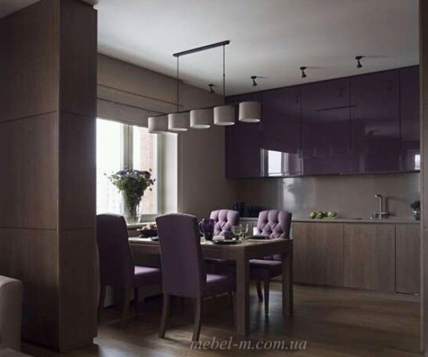 Кухня-студия в современном стиле с фиолетовыми фасадами