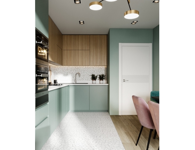 Кухня до потолка в современном стиле фисташковый и дерево.