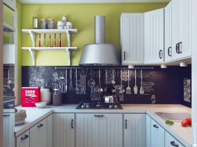 Кухня в скандинавском стиле с доской для надписи