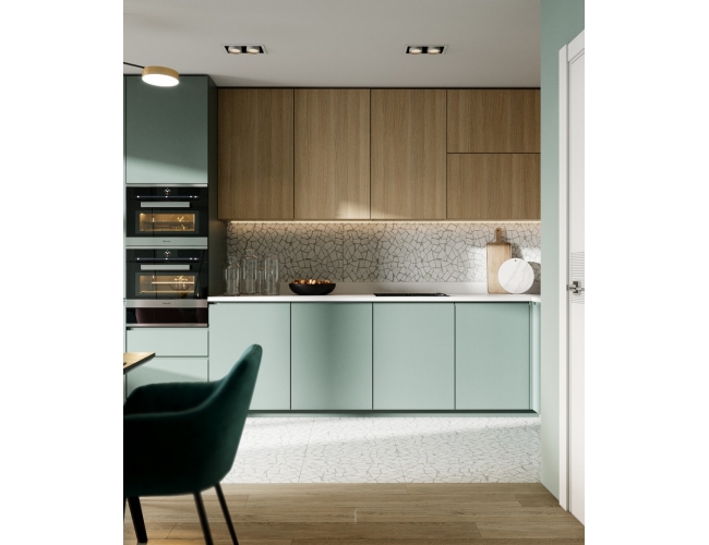 Кухня до потолка в современном стиле фисташковый и дерево.
