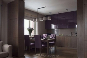Кухня-студия в современном стиле с фиолетовыми фасадами