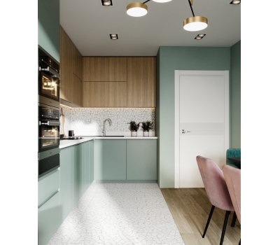 Кухня до потолка в современном стиле фисташковый и дерево.