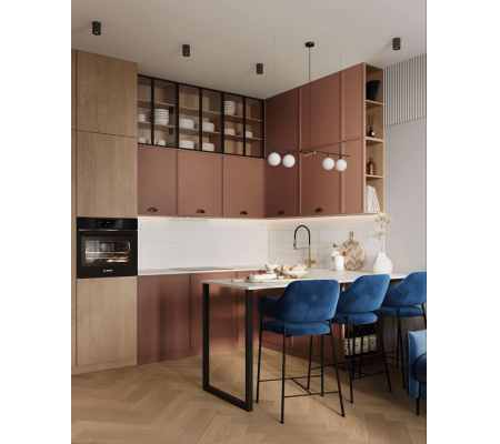 Кухня с барной стойкой и витриной