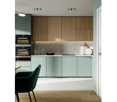 Кухня до потолка в современном стиле фисташковый и дерево.